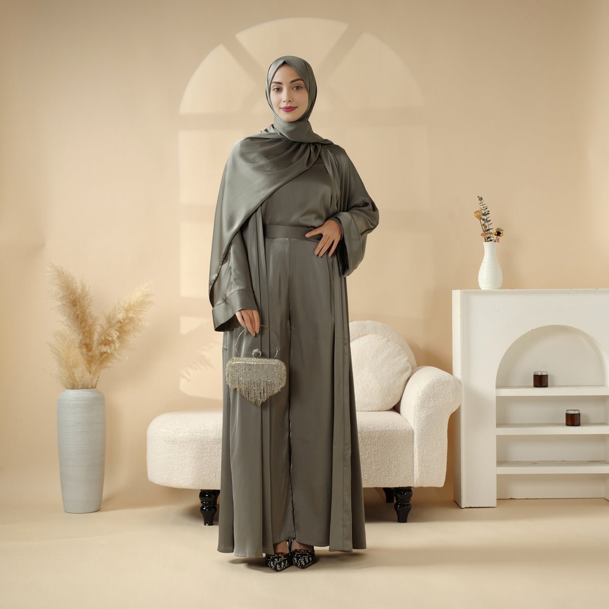Luxury Satin Modest Abaya Set 4-Piece – Elegant Open Abaya, Top, Pants & Matching Hijab(MOA034)