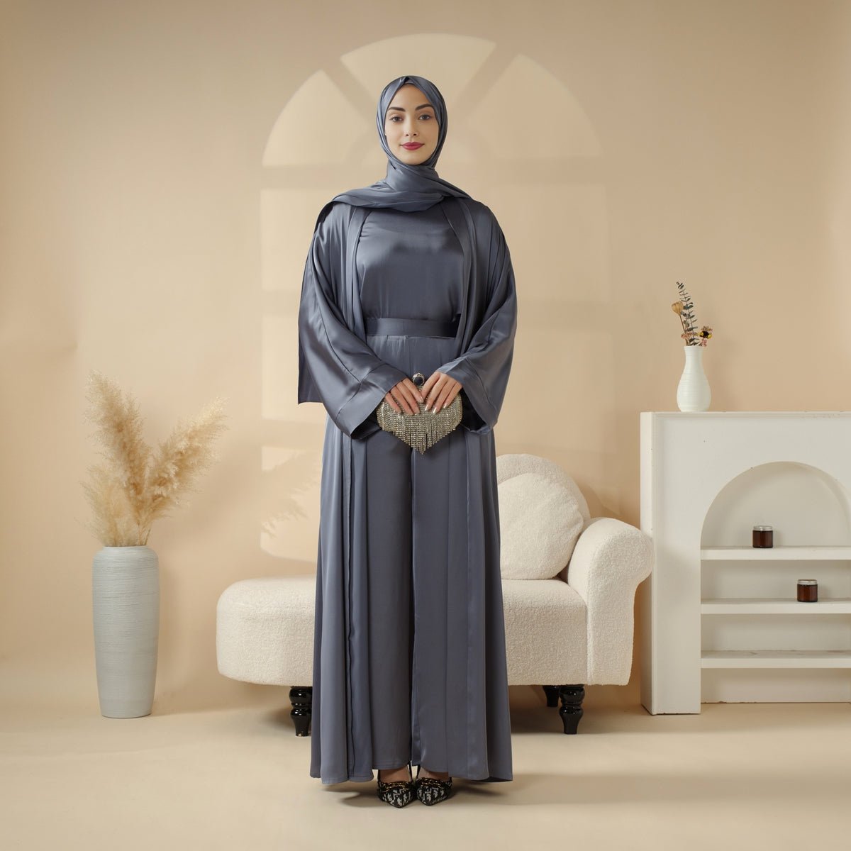 Luxury Satin Modest Abaya Set 4-Piece – Elegant Open Abaya, Top, Pants & Matching Hijab(MOA034)