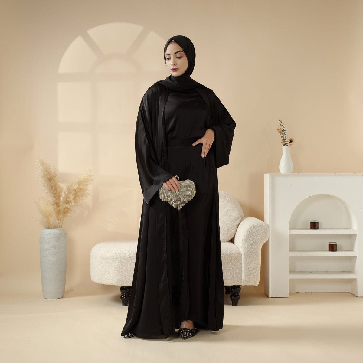Luxury Satin Modest Abaya Set 4-Piece – Elegant Open Abaya, Top, Pants & Matching Hijab(MOA034)