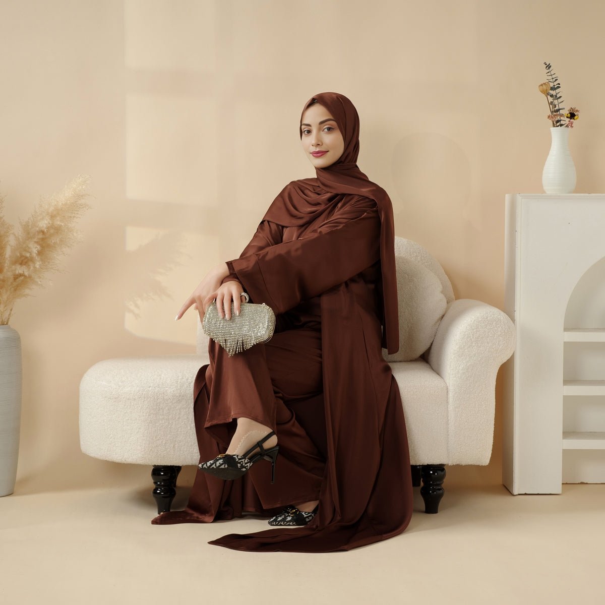 Luxury Satin Modest Abaya Set 4-Piece – Elegant Open Abaya, Top, Pants & Matching Hijab(MOA034)