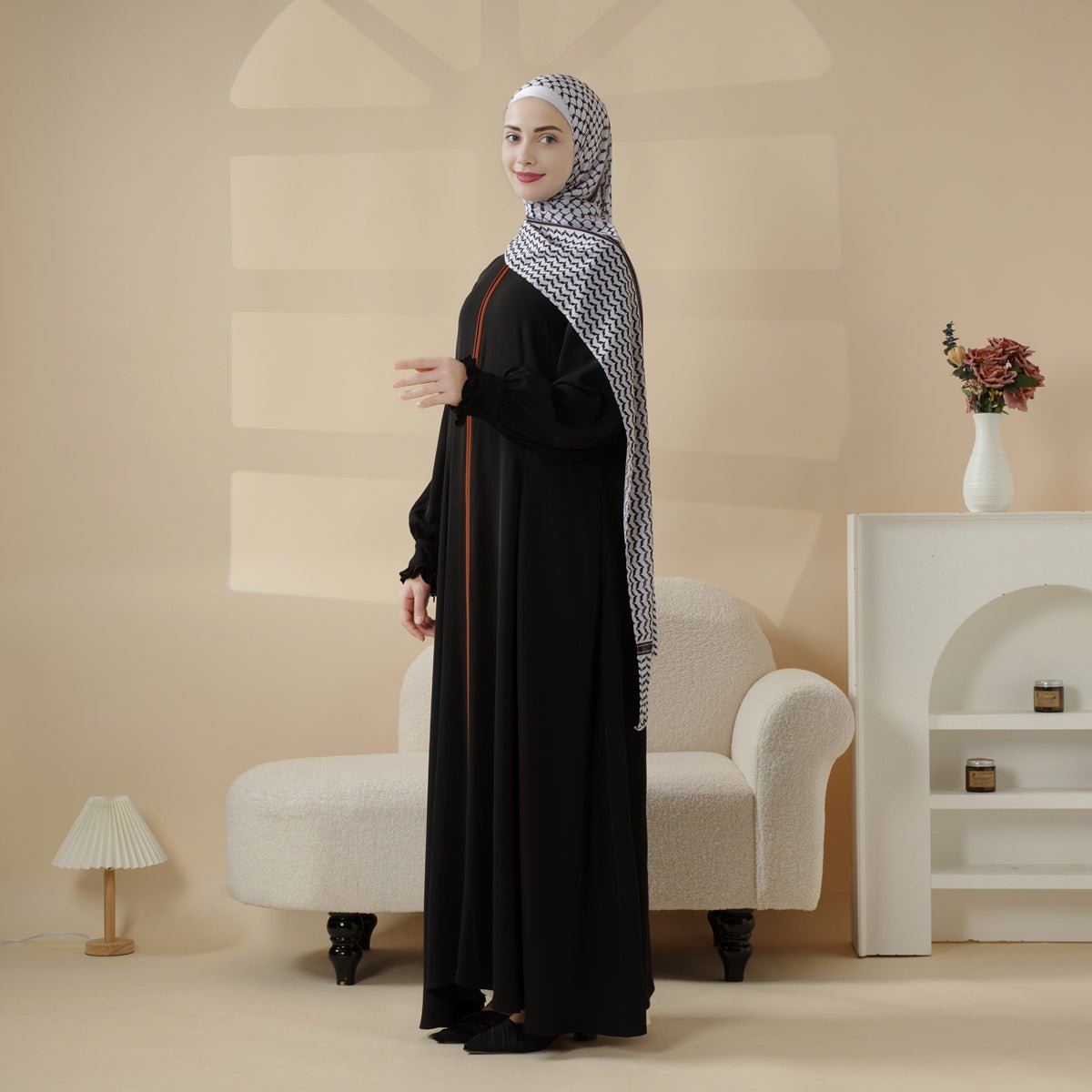 Modest Pullover Abaya with Palestinian Embroidery, Elegant Ruffled Cuff Maxi Dress (MA141)