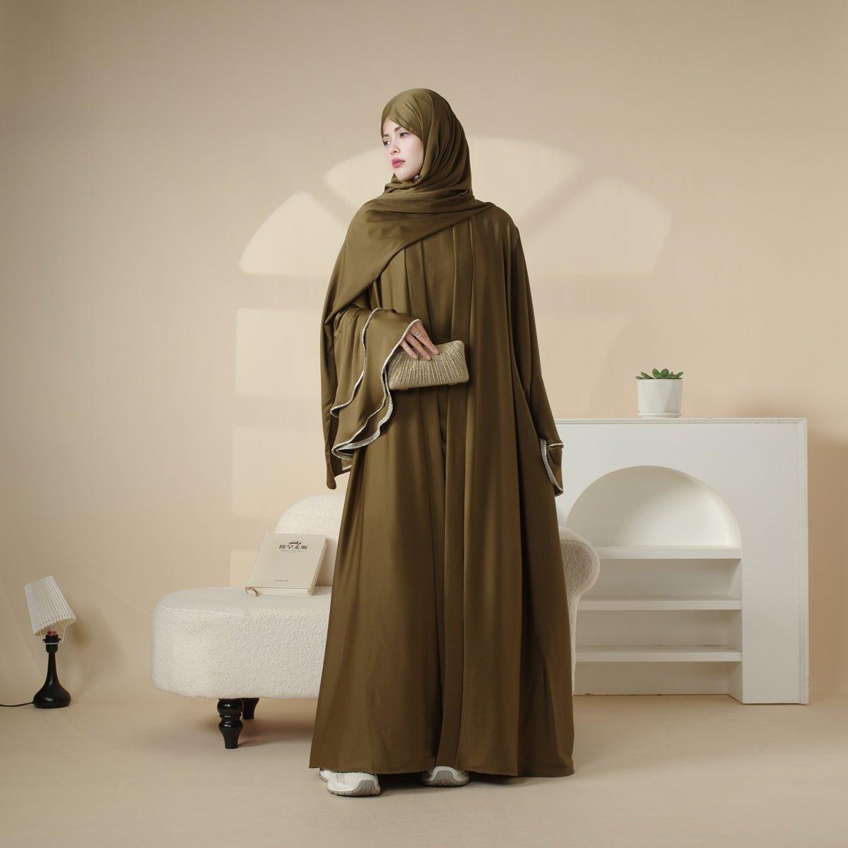 Crepe Satin Ruffle Sleeve Abaya, 5-Piece Set (MOA033)