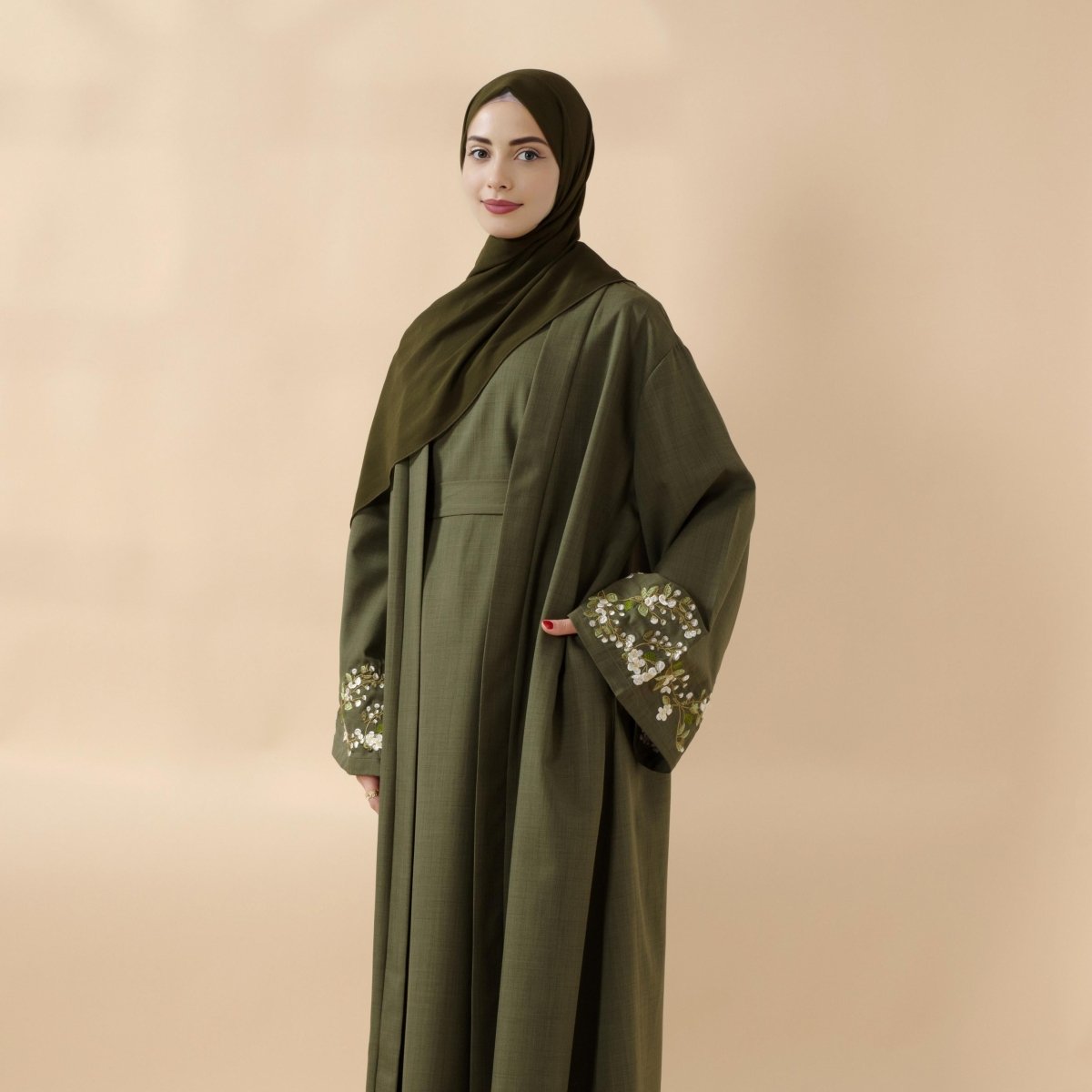 Olive Branch Embroidered Linen Abaya Set With Matching Belt & Hijab (MOA037)