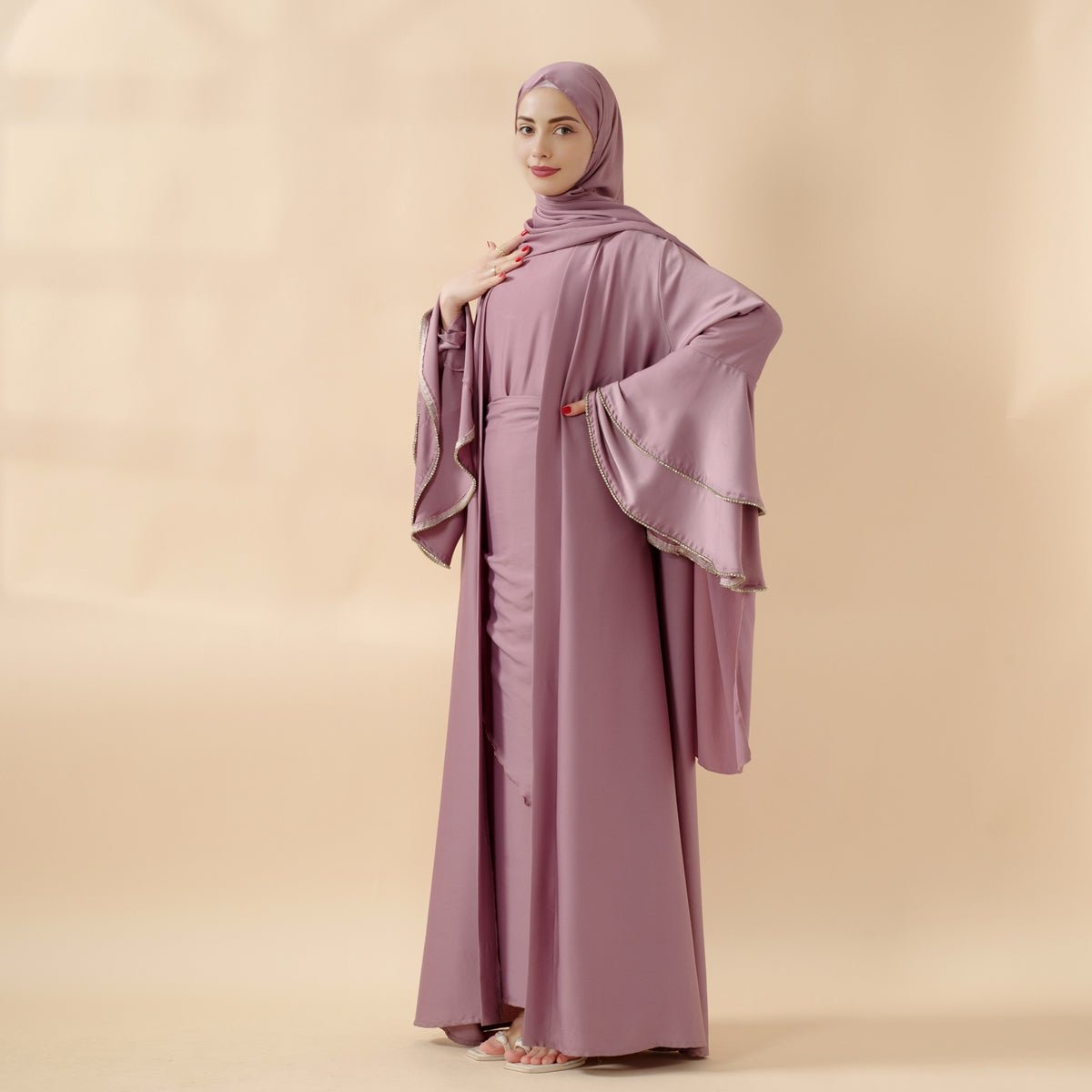 Crepe Satin Ruffle Sleeve Abaya, 5-Piece Set (MOA033)