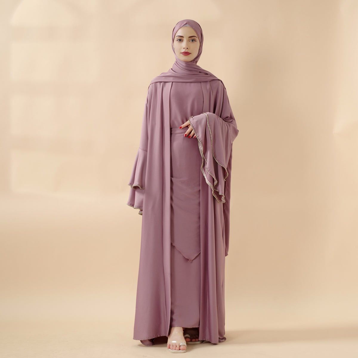 Crepe Satin Ruffle Sleeve Abaya, 5-Piece Set (MOA033)