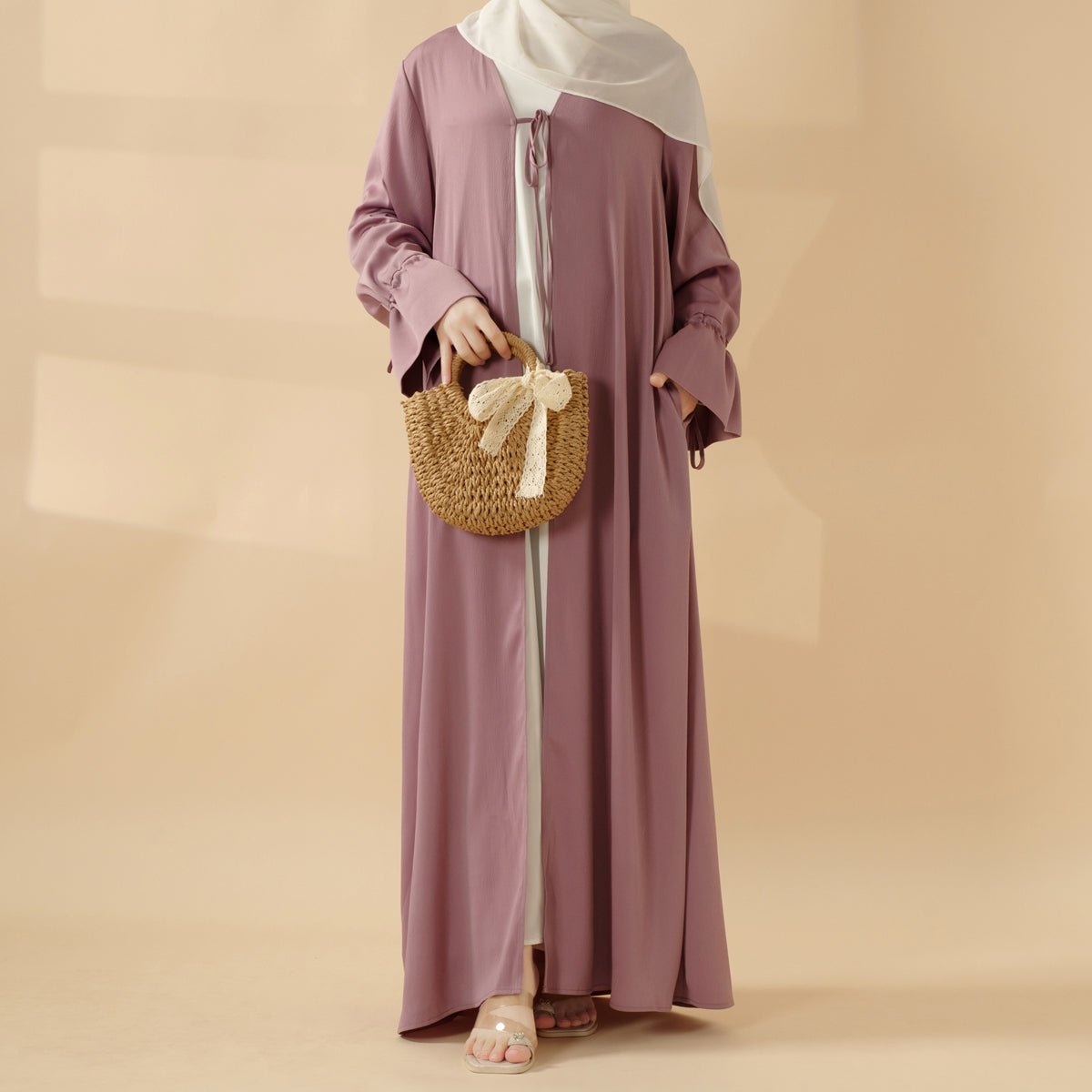 Front Bowknot Ribbon Tie Abaya With Ruffle Sleeves (MOA117)