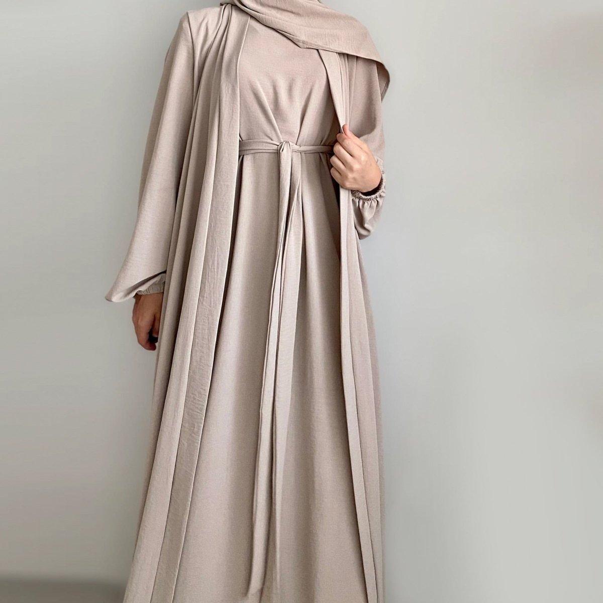 MOA092 Solid Color Elegant Open Abaya with Pockets 3-Piece Set