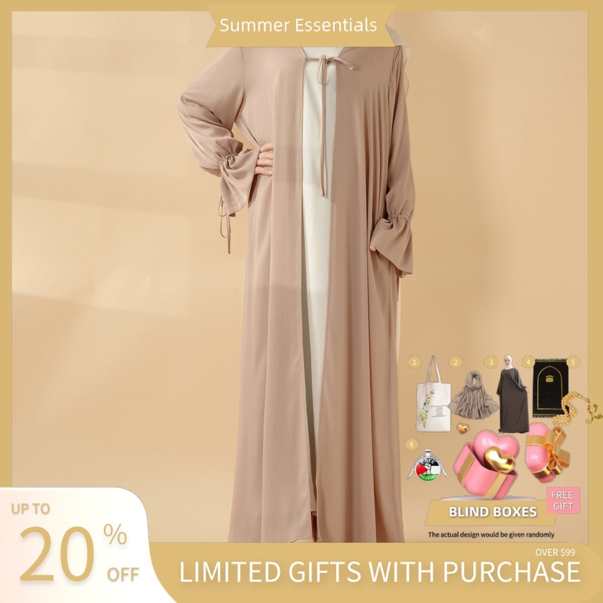 Front Bowknot Ribbon Tie Abaya With Ruffle Sleeves (MOA117)