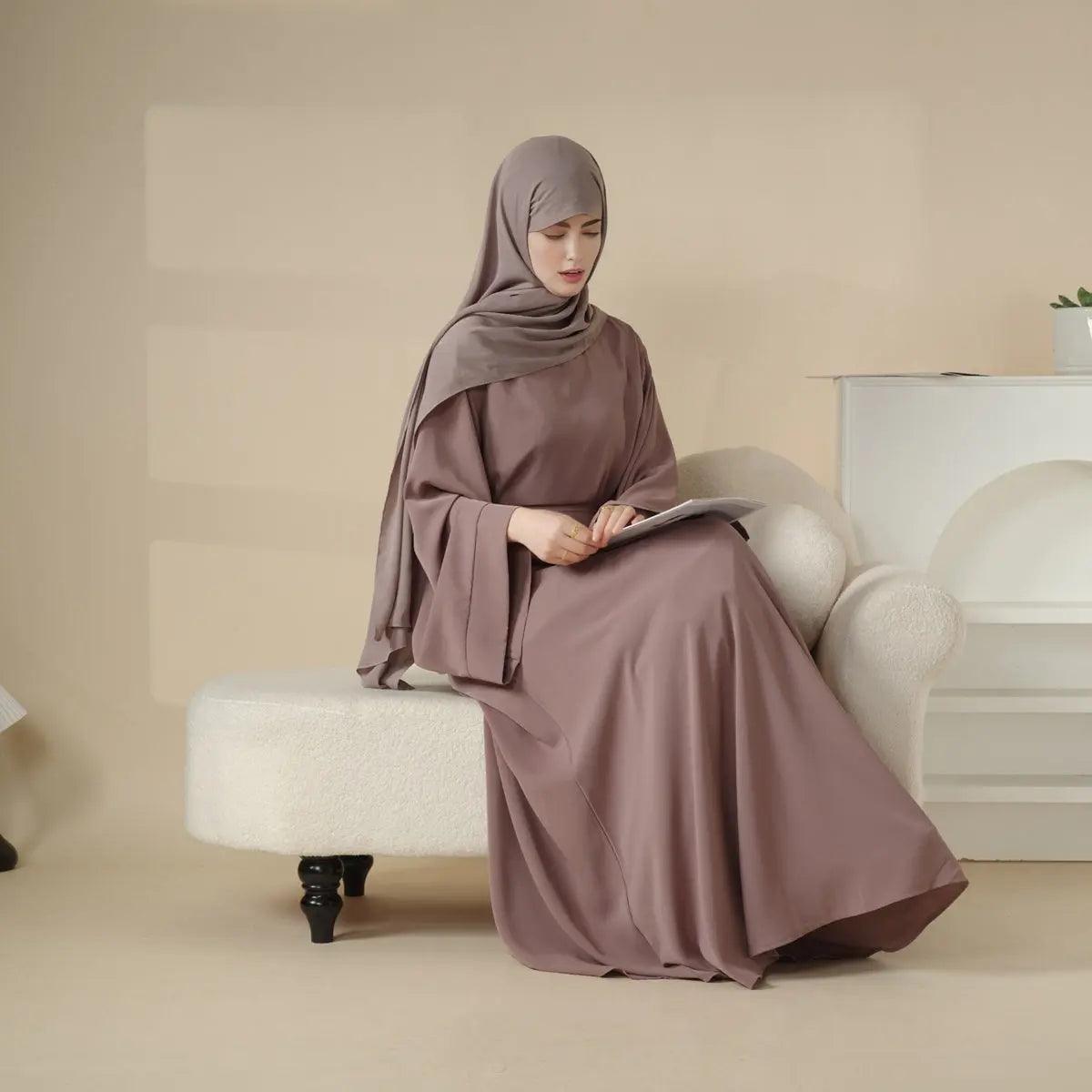 3-Piece Elegant Solid-Color Essential Muslim Abaya w/ Matching Belt and Hijab (MA036)