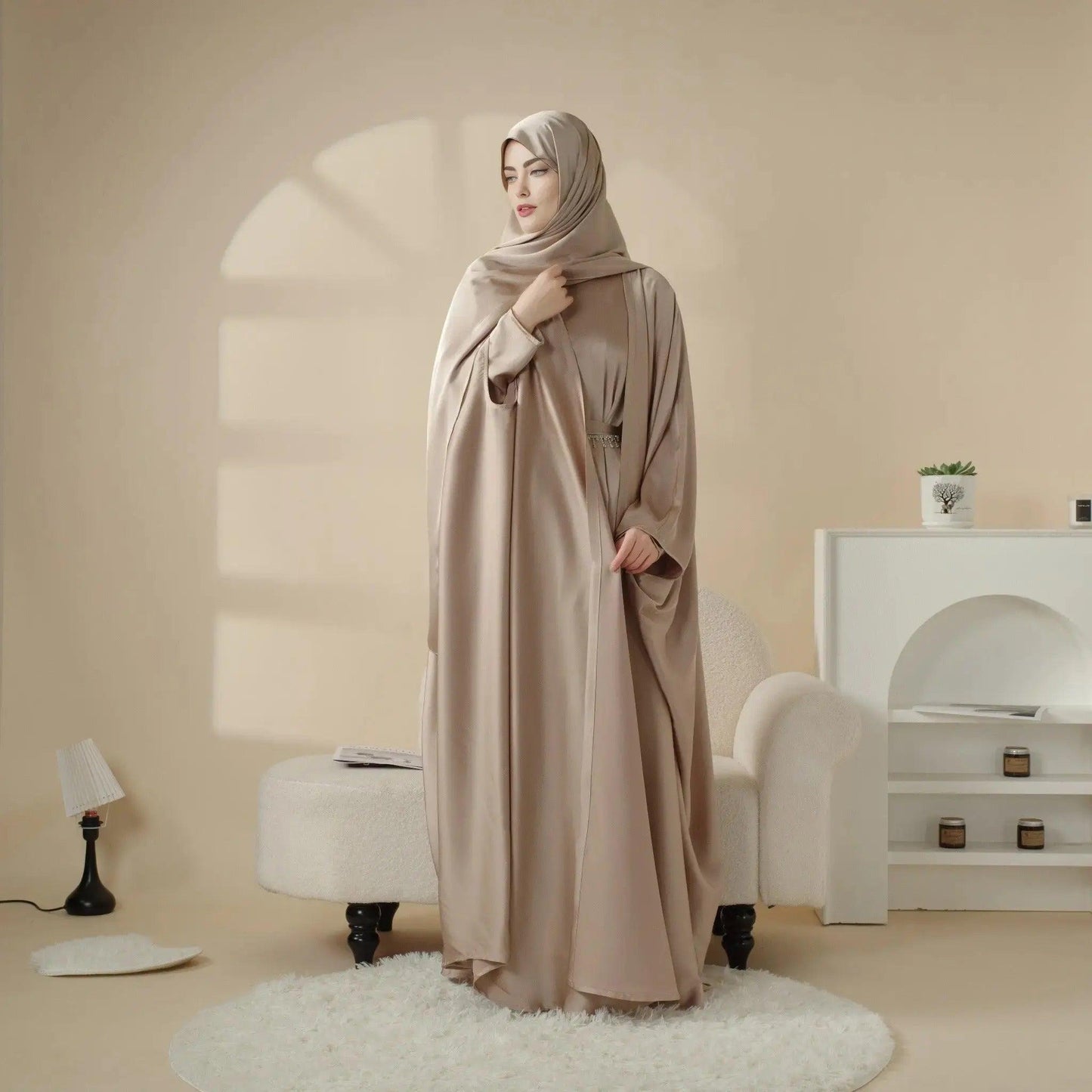 5-Pc Set: Loose Batwing Satin Abaya Set with Niqab (MOA019)