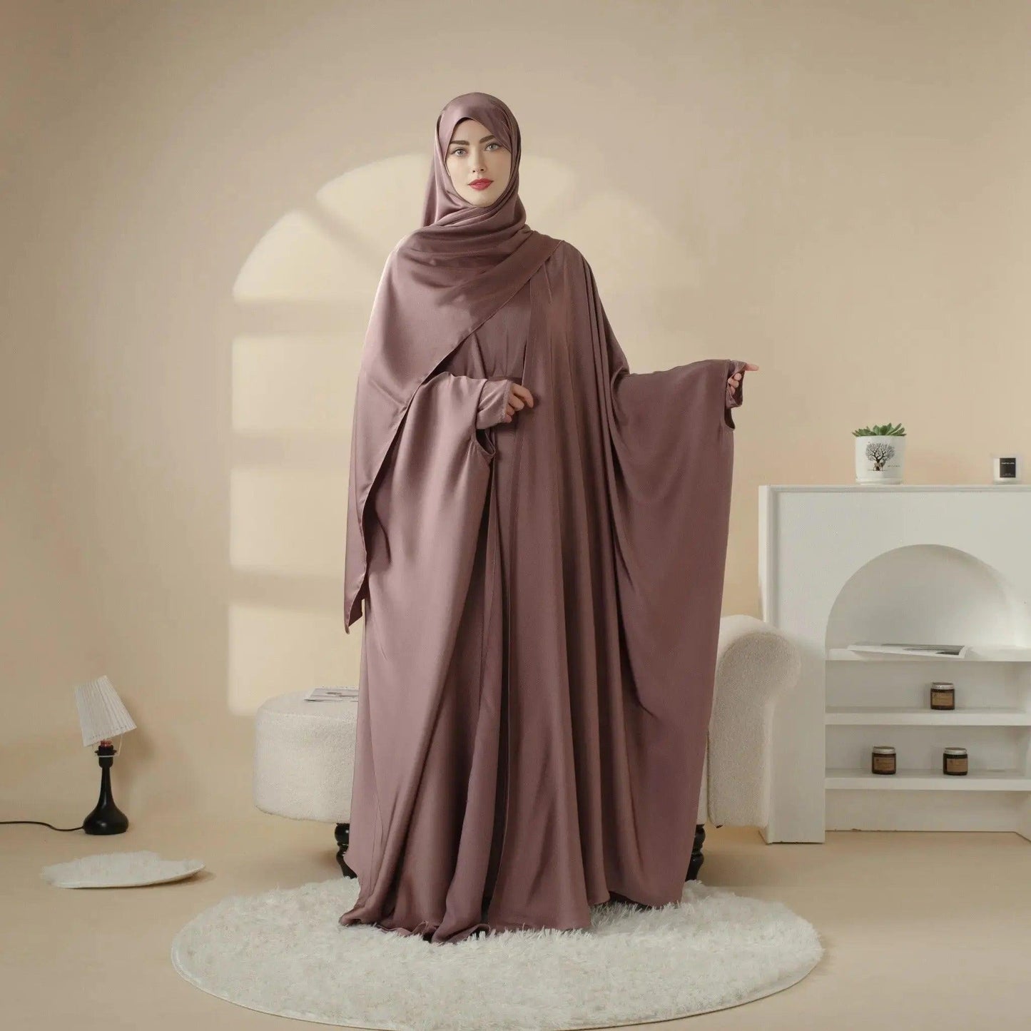 5-Pc Set: Loose Batwing Satin Abaya Set with Niqab (MOA019)