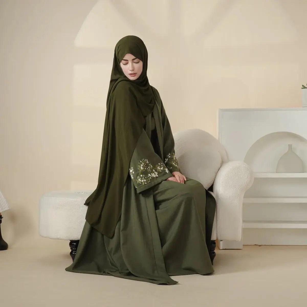 4-Piece Olive Branch Embroidered Linen Abaya (MOA037)