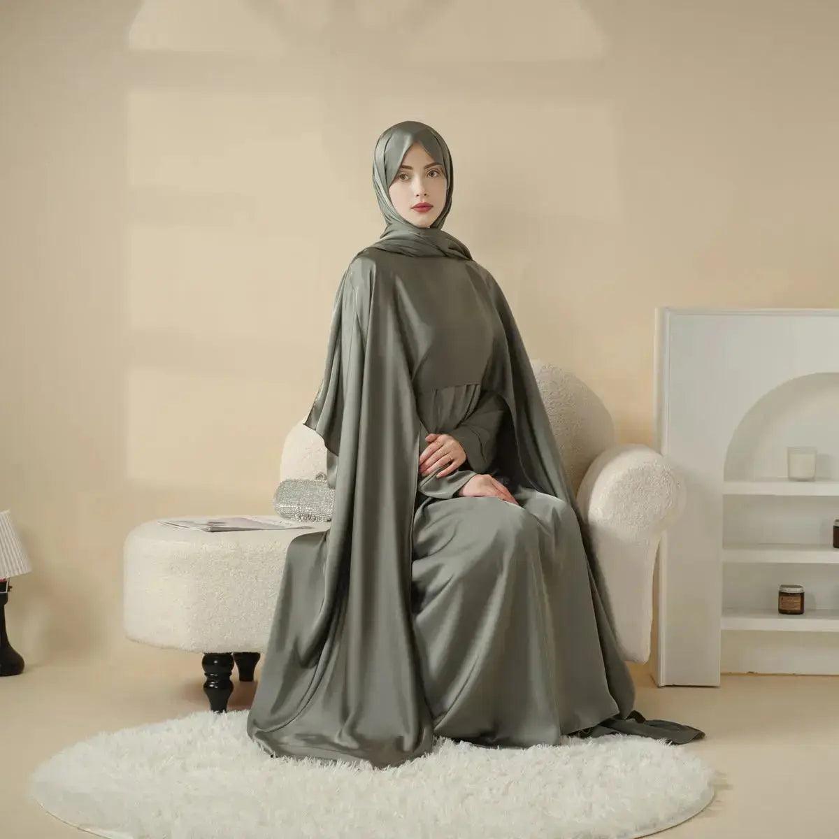 3-Pc Set: Luxury Satin Wedding Cape Bridal Abaya (MOA044)