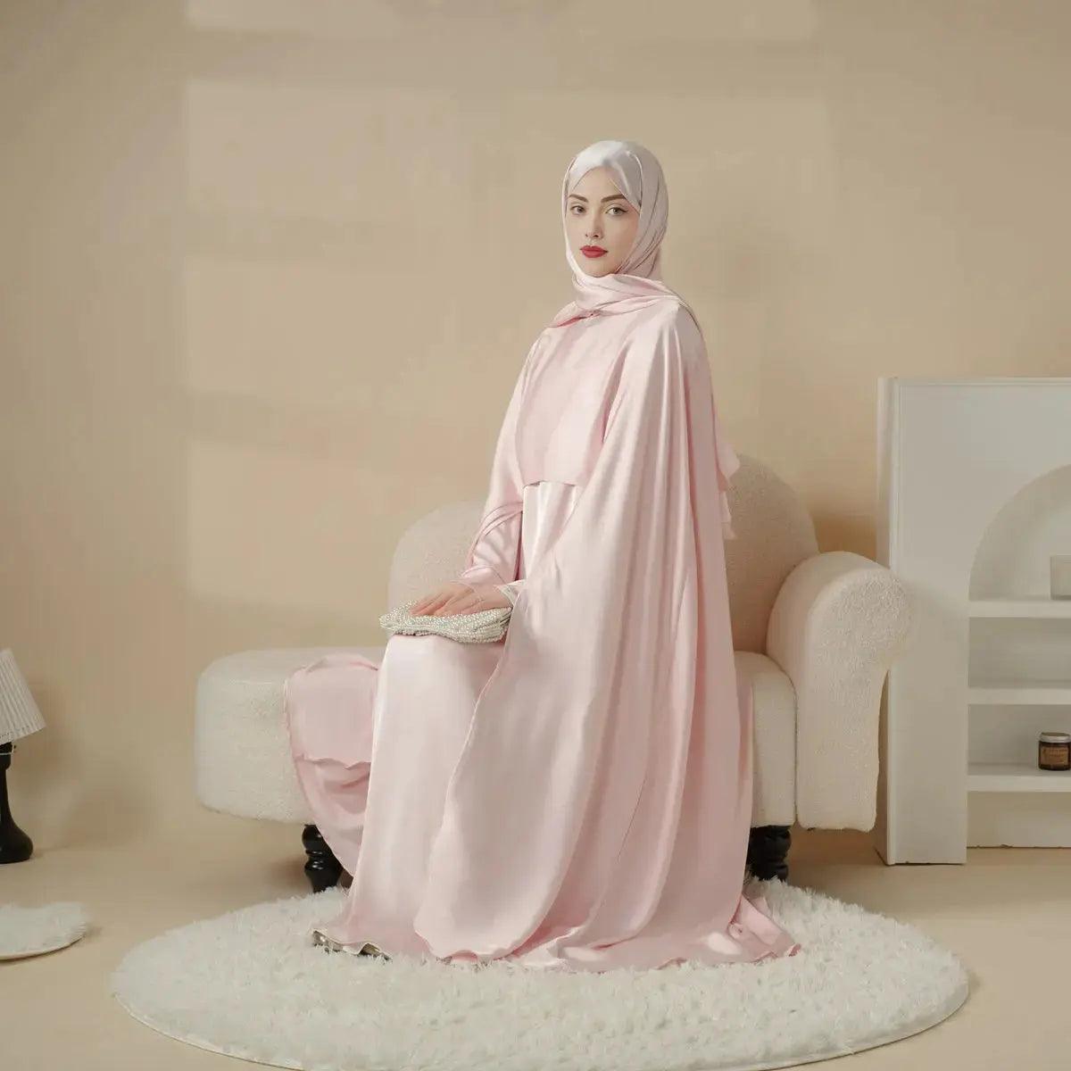 3-Pc Set: Luxury Satin Wedding Cape Bridal Abaya (MOA044)