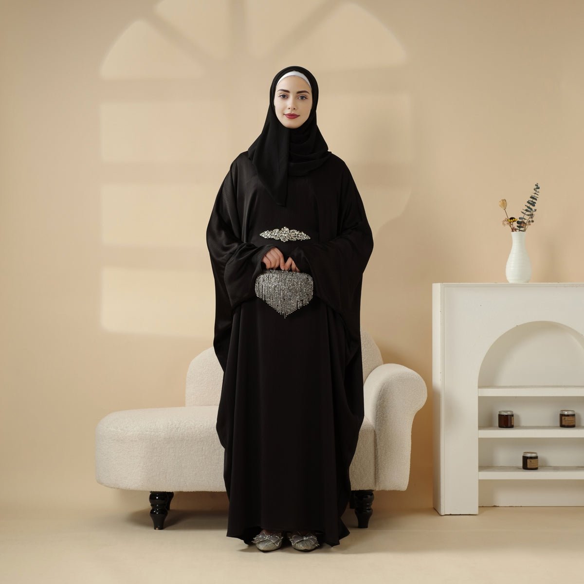 Modest Kaftan for Special Occasions: Batwing Abaya With Rhinestone Waist (MA135)