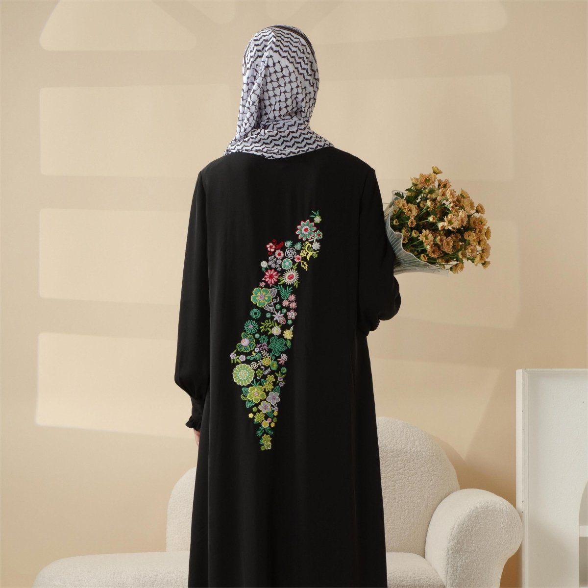 Modest Pullover Abaya with Palestinian Embroidery, Elegant Ruffled Cuff Maxi Dress (MA141)