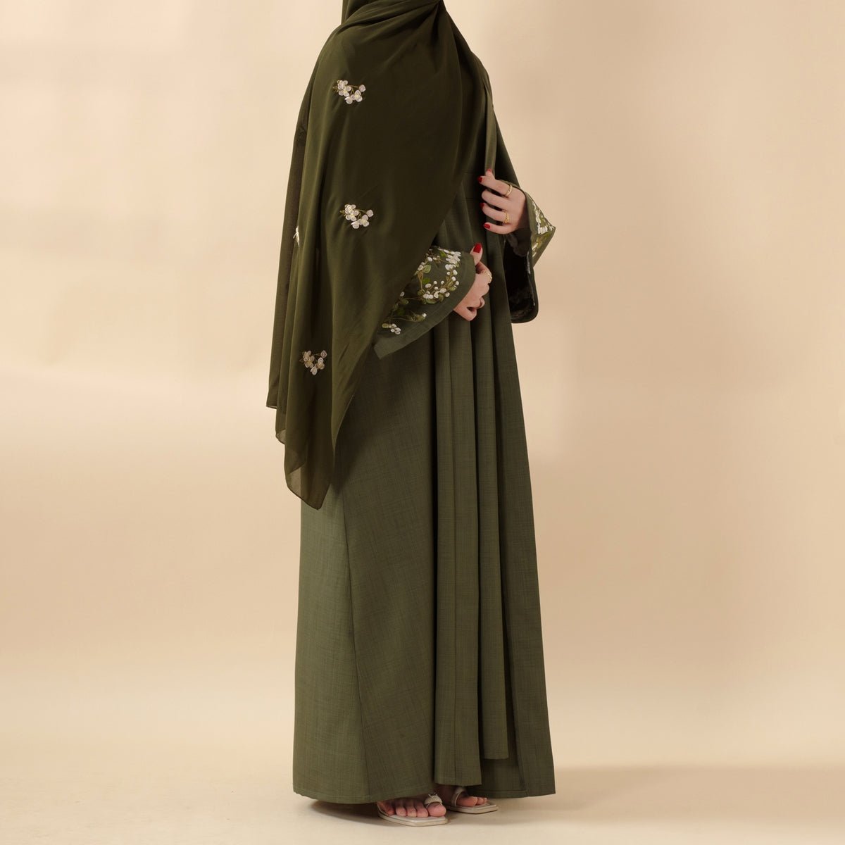 Olive Branch Embroidered Linen Abaya Set With Matching Belt & Hijab (MOA037)