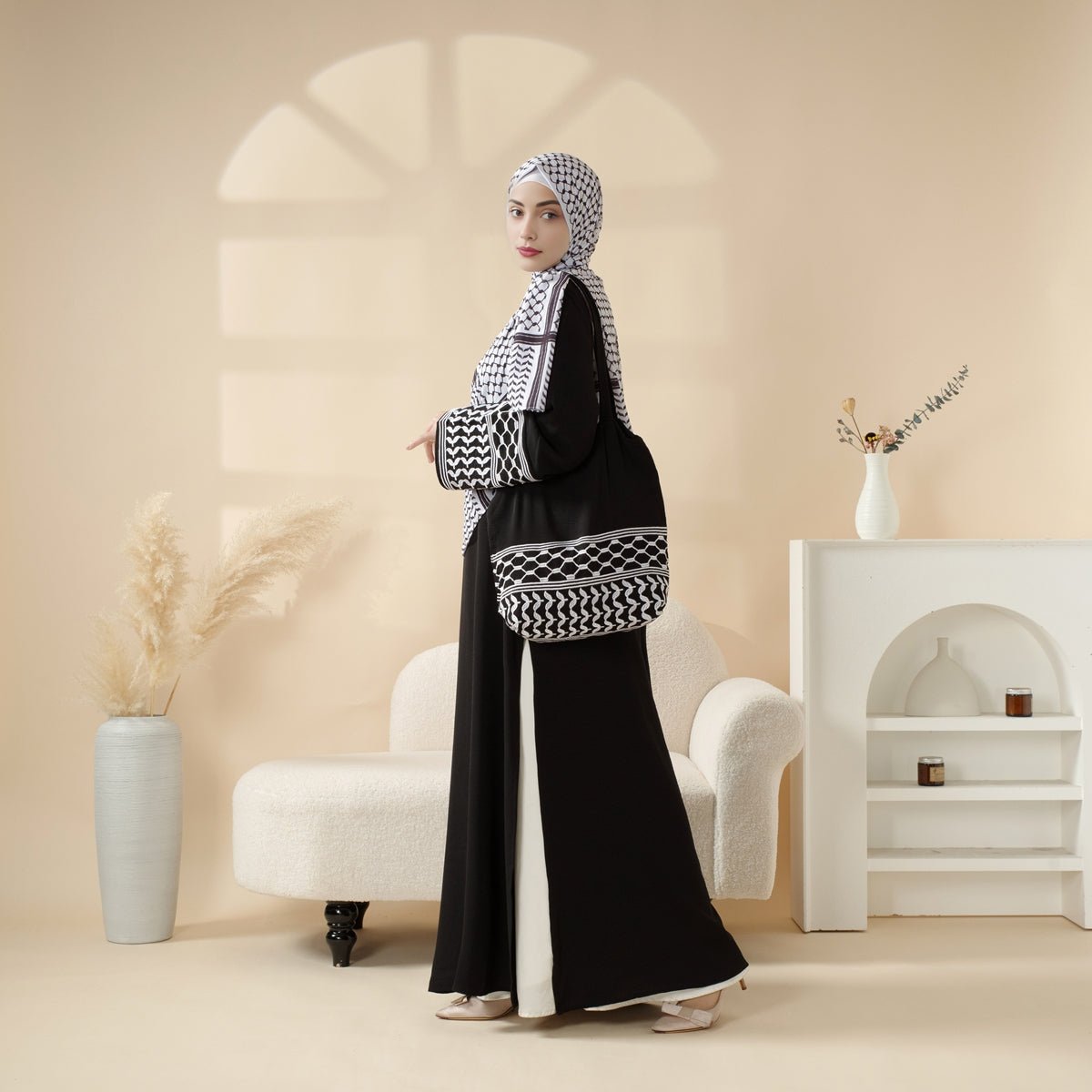 Palestinian Keffiyeh-Inspired Abaya with Matching Crossbody Bag Keffiyeh Abaya (MA131)