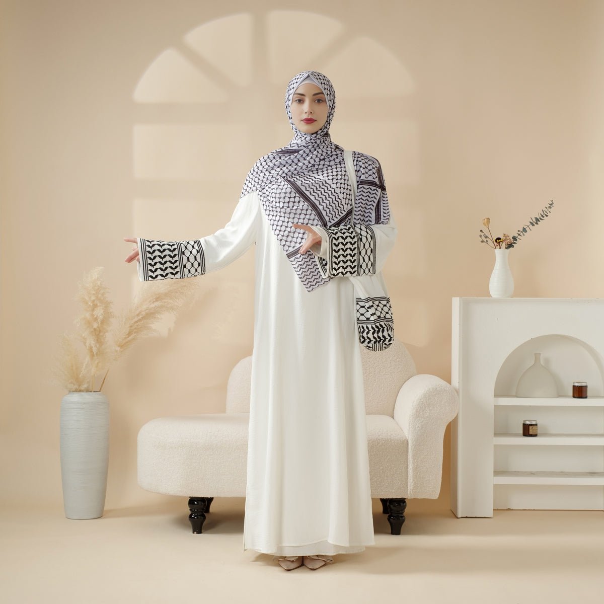 Palestinian Keffiyeh-Inspired Abaya with Matching Crossbody Bag Keffiyeh Abaya (MA131)