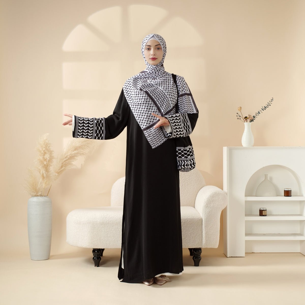 Palestinian Keffiyeh-Inspired Abaya with Matching Crossbody Bag Keffiyeh Abaya (MA131)